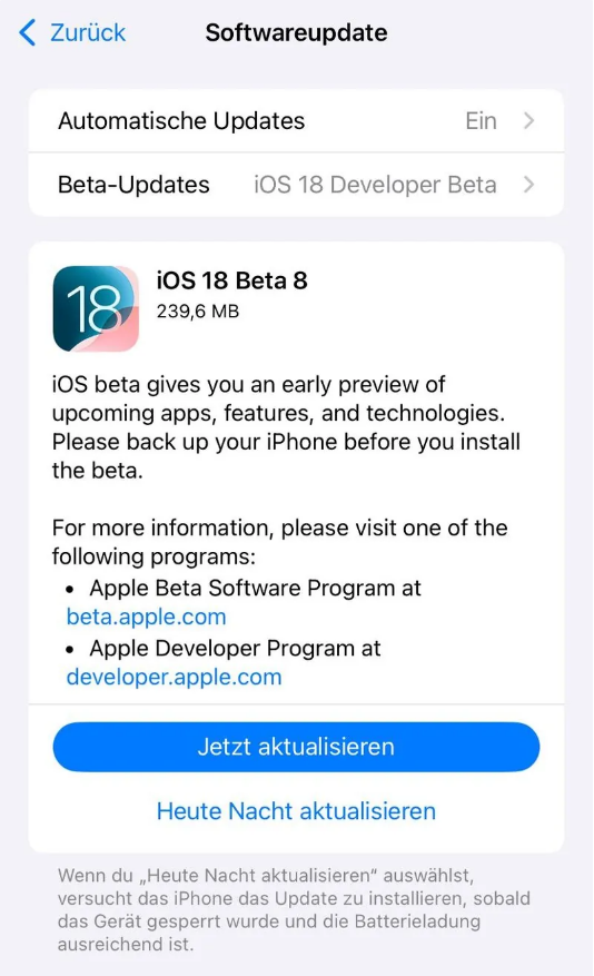 远安苹果手机维修分享苹果 iOS / iPadOS 18 开发者预览版 Beta 8 发布 